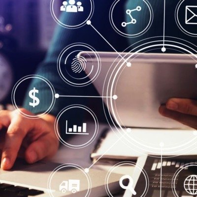 Businesswoman working with smart phone and laptop and digital tablet computer in  office with digital marketing media  in virtual icon at office